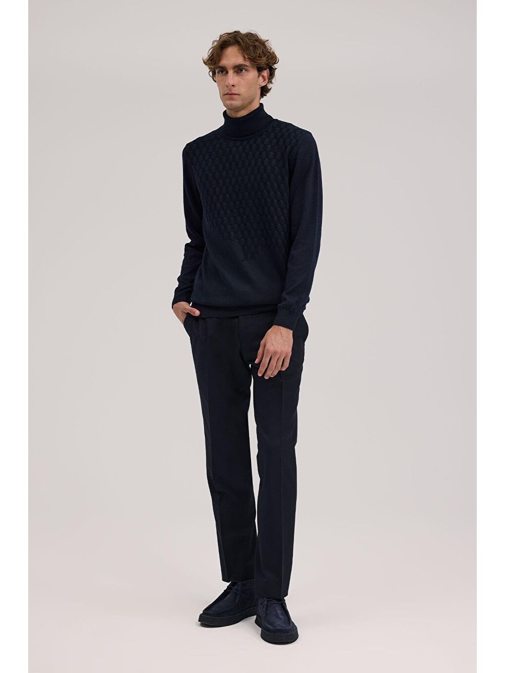 Lacivert Slim Fit Desenli Tam Balıkçı Yaka Triko-1