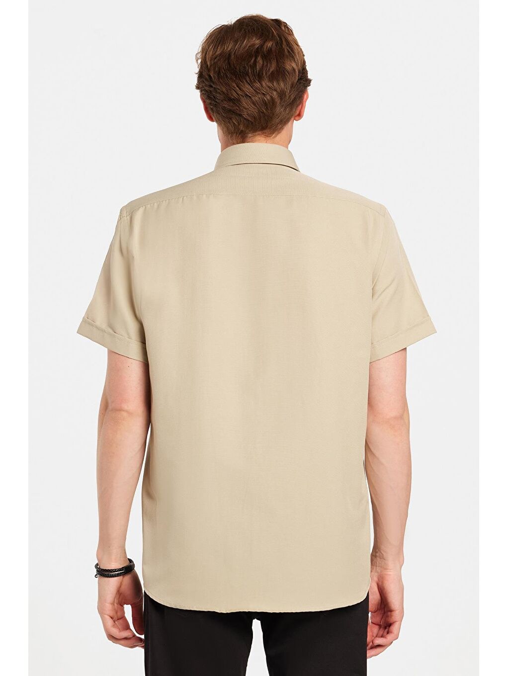 Bej Erkek Klasik Regular Fit Rahat Kesim Düğmeli Spor Yaka Oxford Pamuklu Kısa Kol Taş Gömlek-4