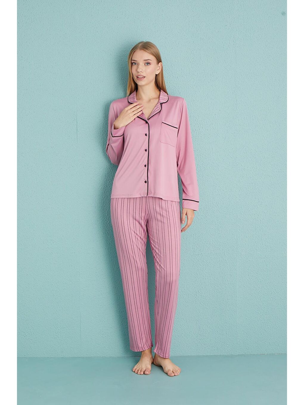 Pembe Kadın Milan Genç Önden Düğmeli Pijama Takımı | Pudra 50904-129