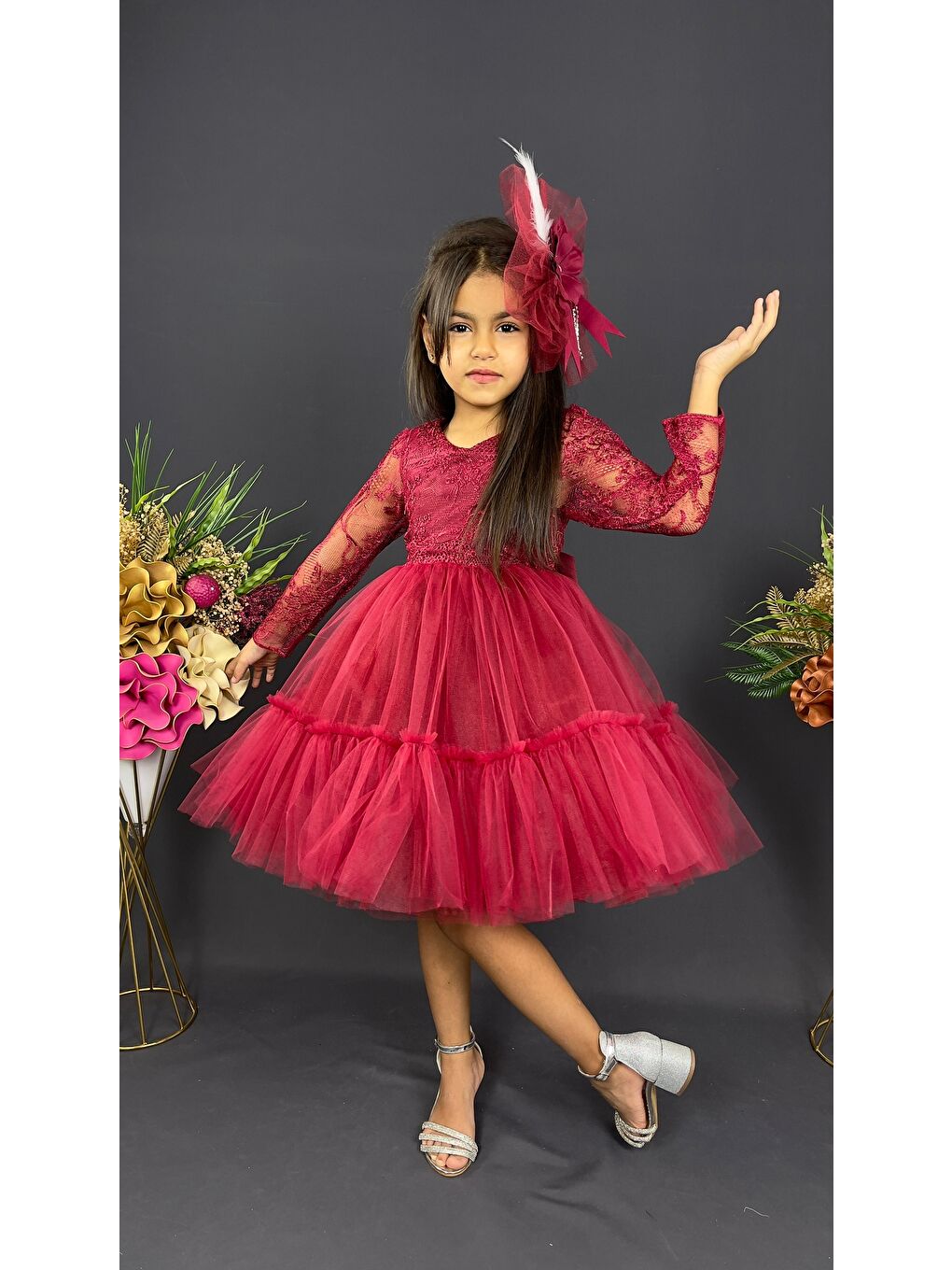 Bordo Uzun Kol Güpürlü Tokalı Vintage Abiye Elbise MNK0472-1