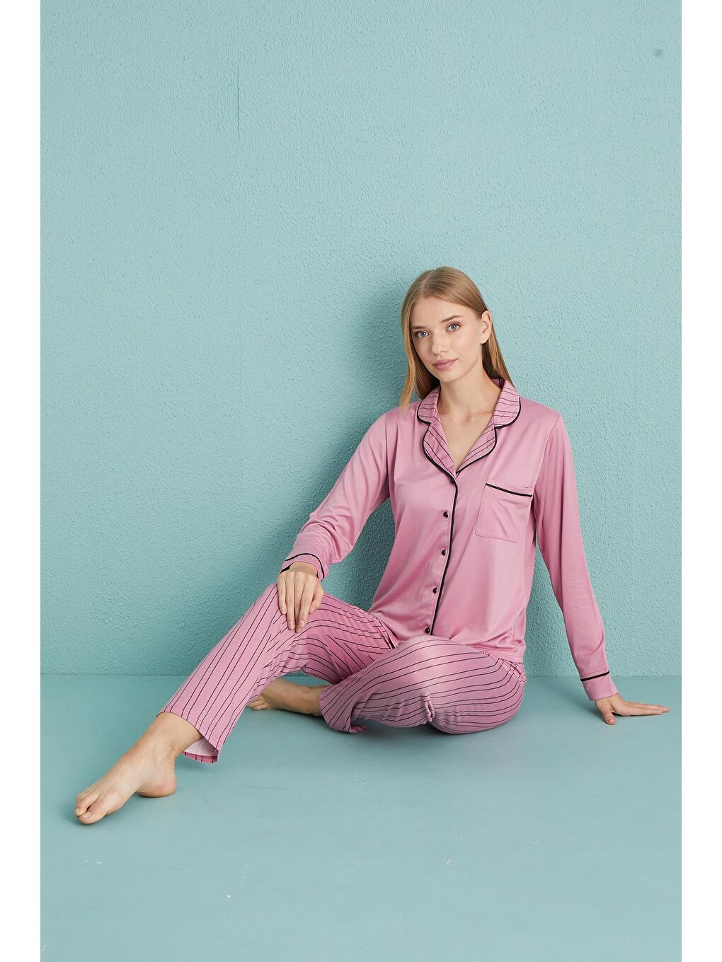 Pembe Kadın Milan Genç Önden Düğmeli Pijama Takımı | Pudra 50904-129-1