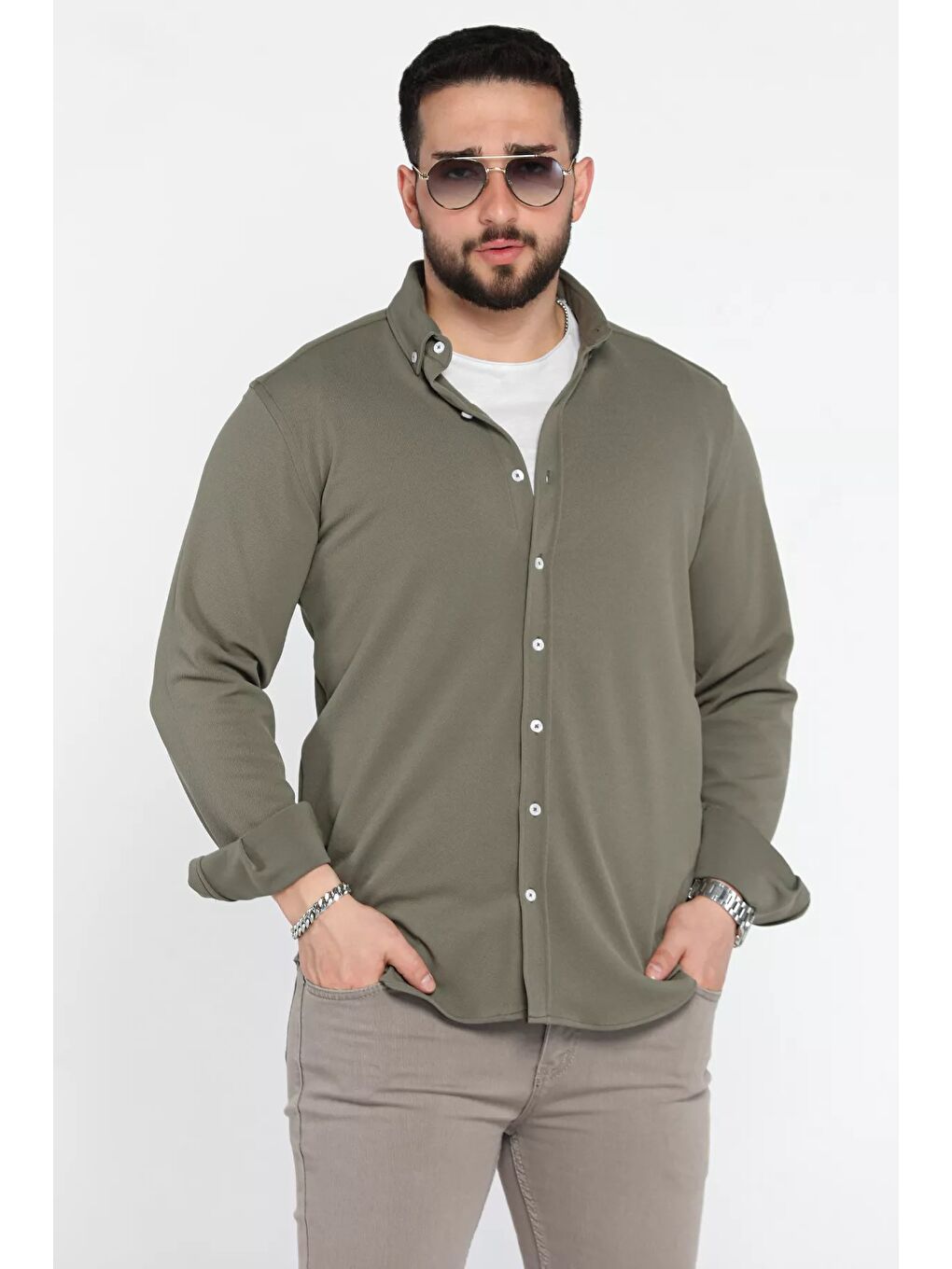 Haki Uzun Kol Erkek Gömlek