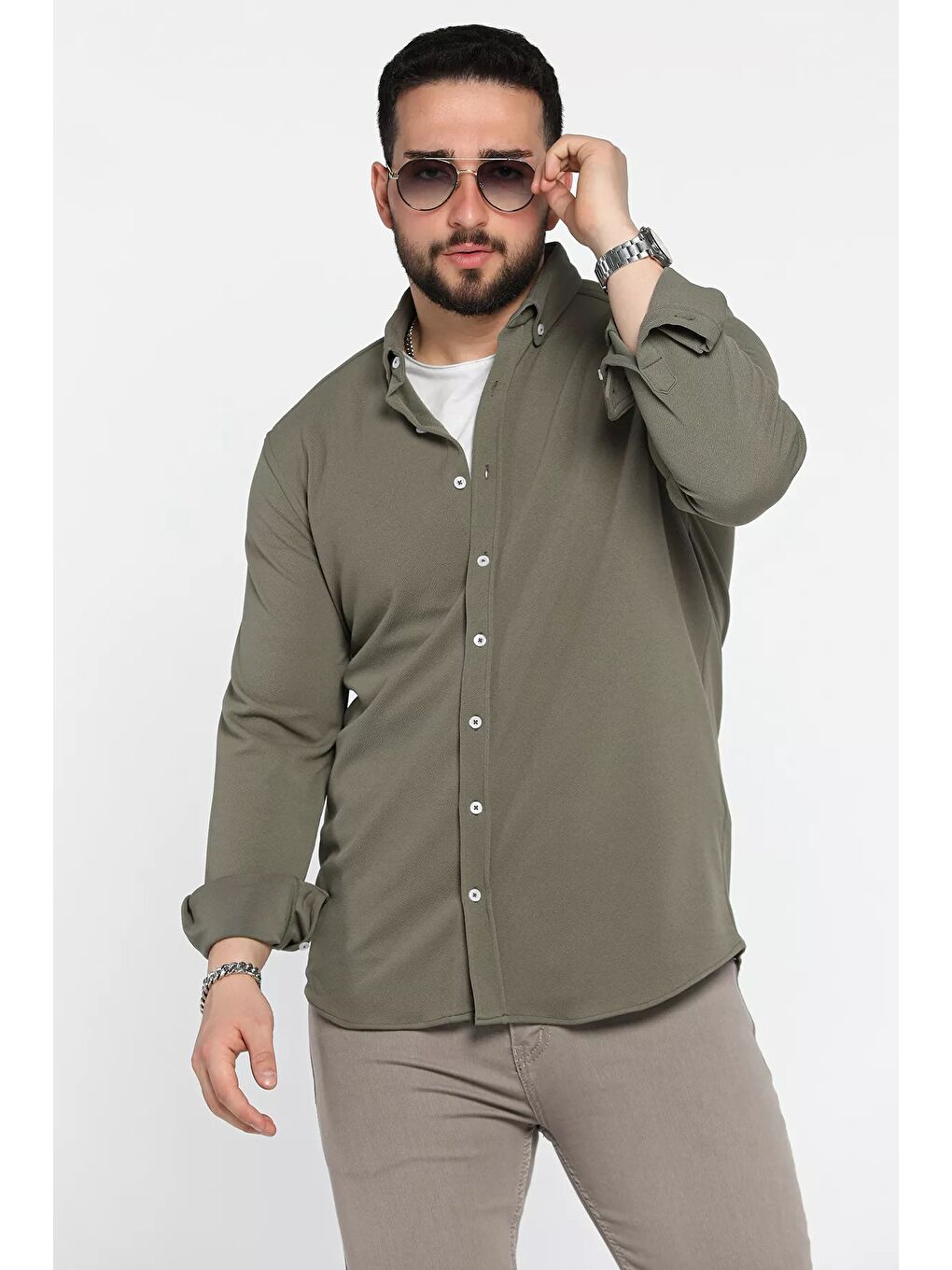 Haki Uzun Kol Erkek Gömlek-1