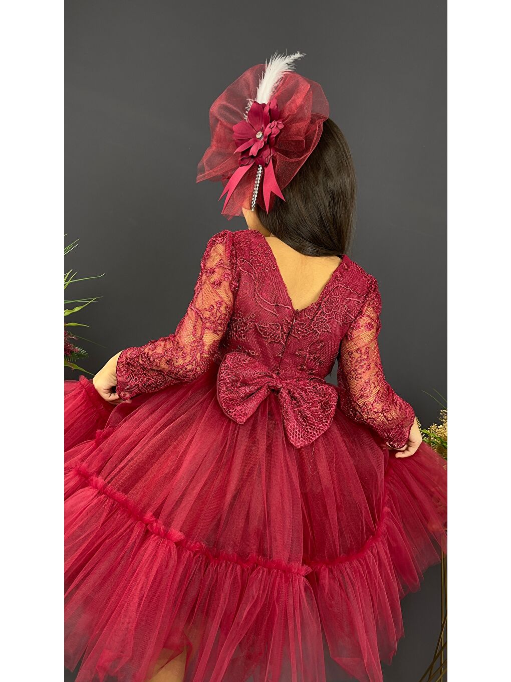 Bordo Uzun Kol Güpürlü Tokalı Vintage Abiye Elbise MNK0472-9