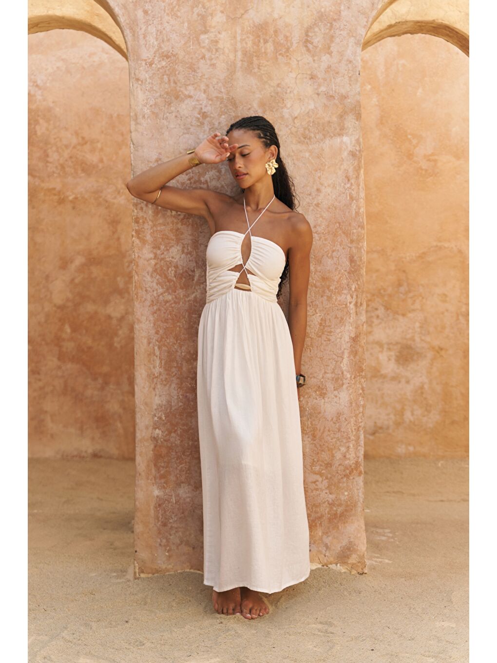 Burnika Boncuk Detay Ekru Keten Elbise-1