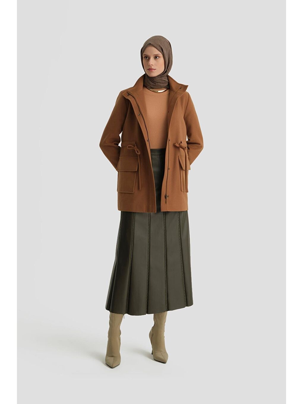 Kahverengi Beli Bağcıklı Kısa Kaban 24Kh7528 Taba-1