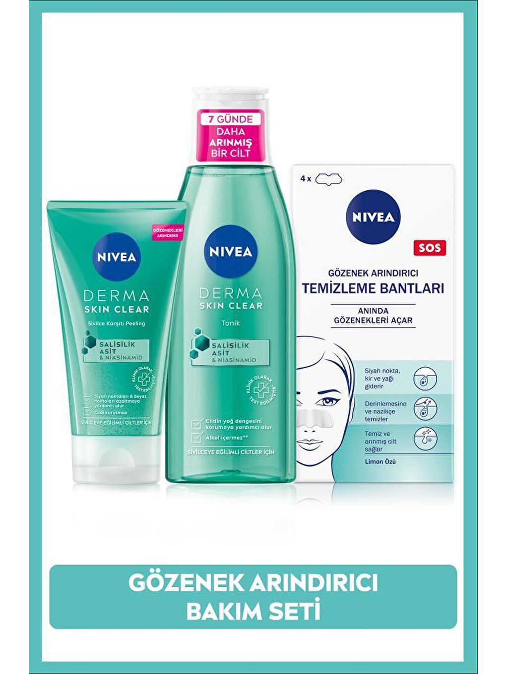 NIVEA Şeffaf Derma Skin Clear Sivilce Karşıtı Peeling 150ml,Tonik 200ml, T-Bölgesi & Siyah Nokta Temizleyici Bant