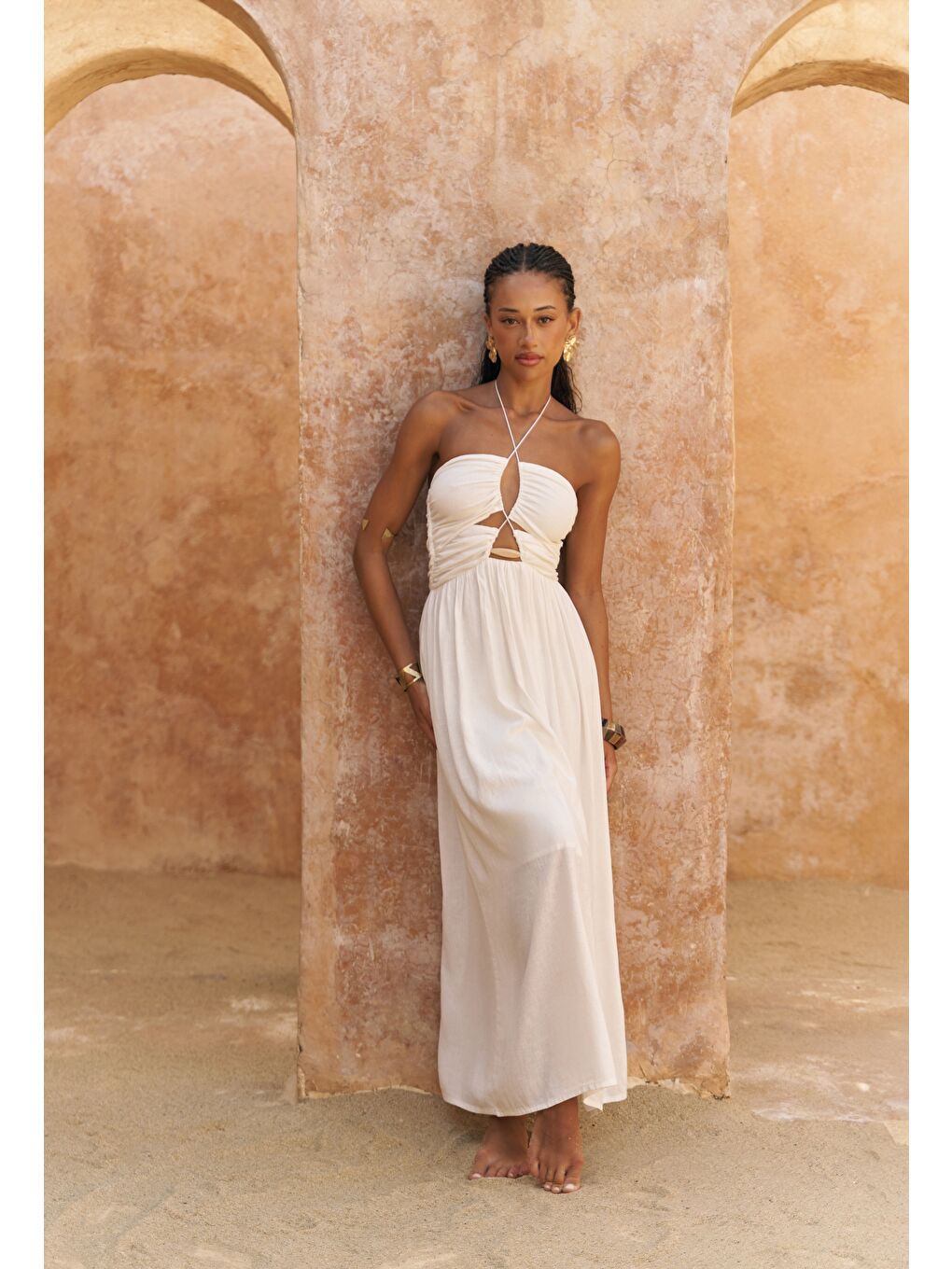 Burnika Boncuk Detay Ekru Keten Elbise-2