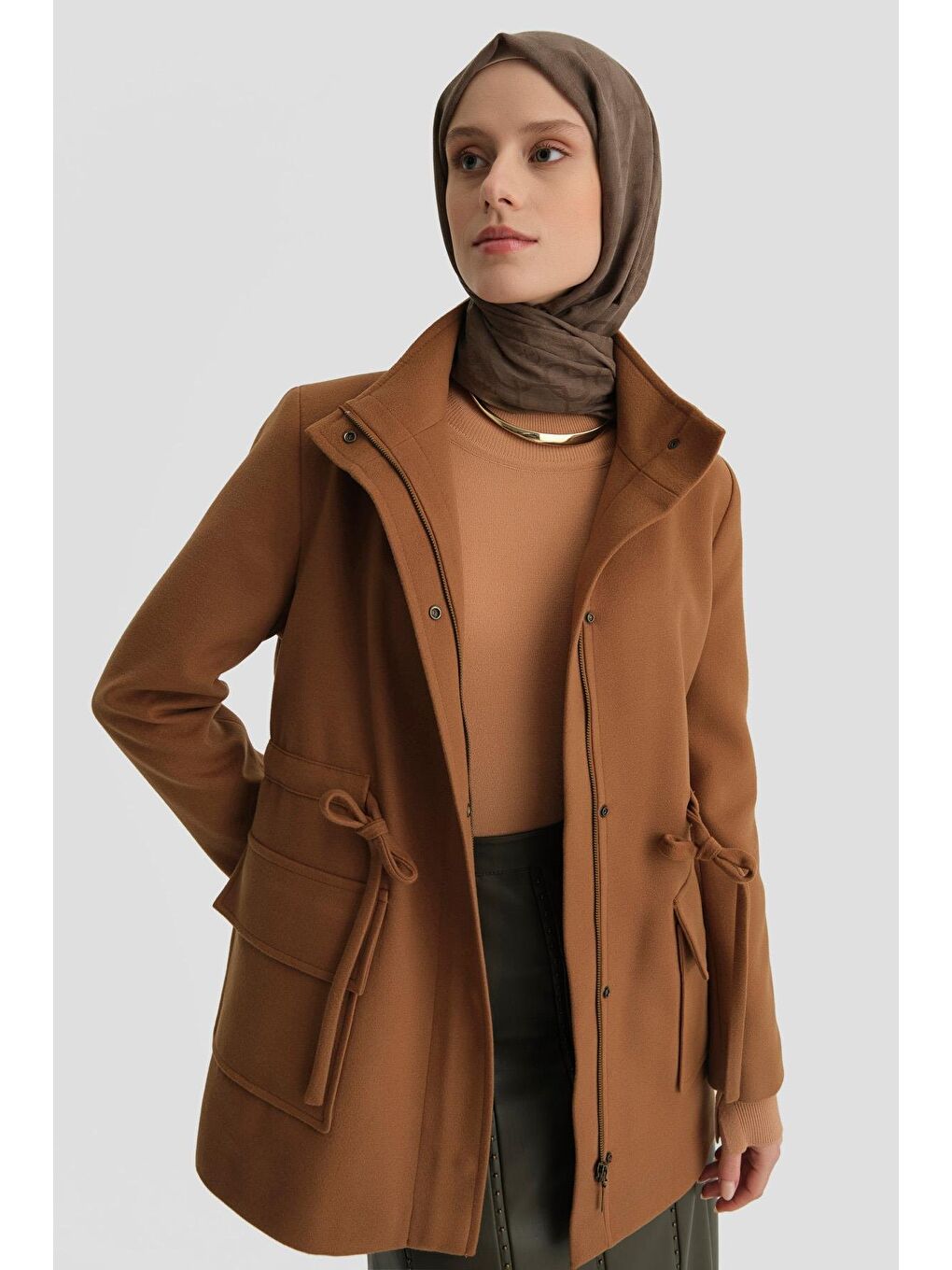 Kahverengi Beli Bağcıklı Kısa Kaban 24Kh7528 Taba-2
