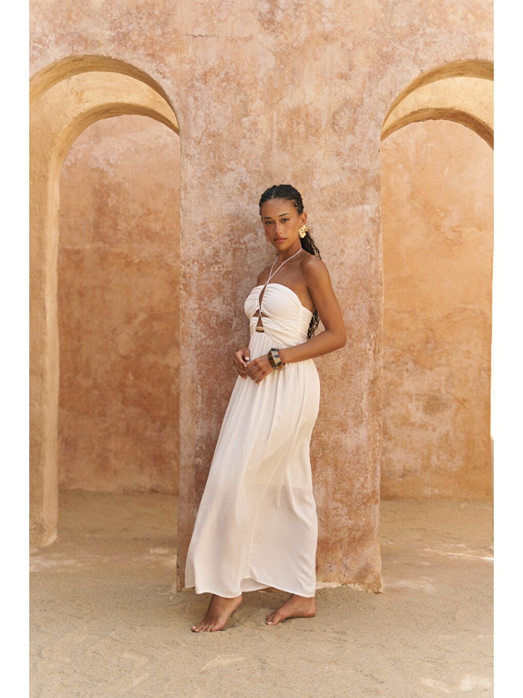 Burnika Boncuk Detay Ekru Keten Elbise-3