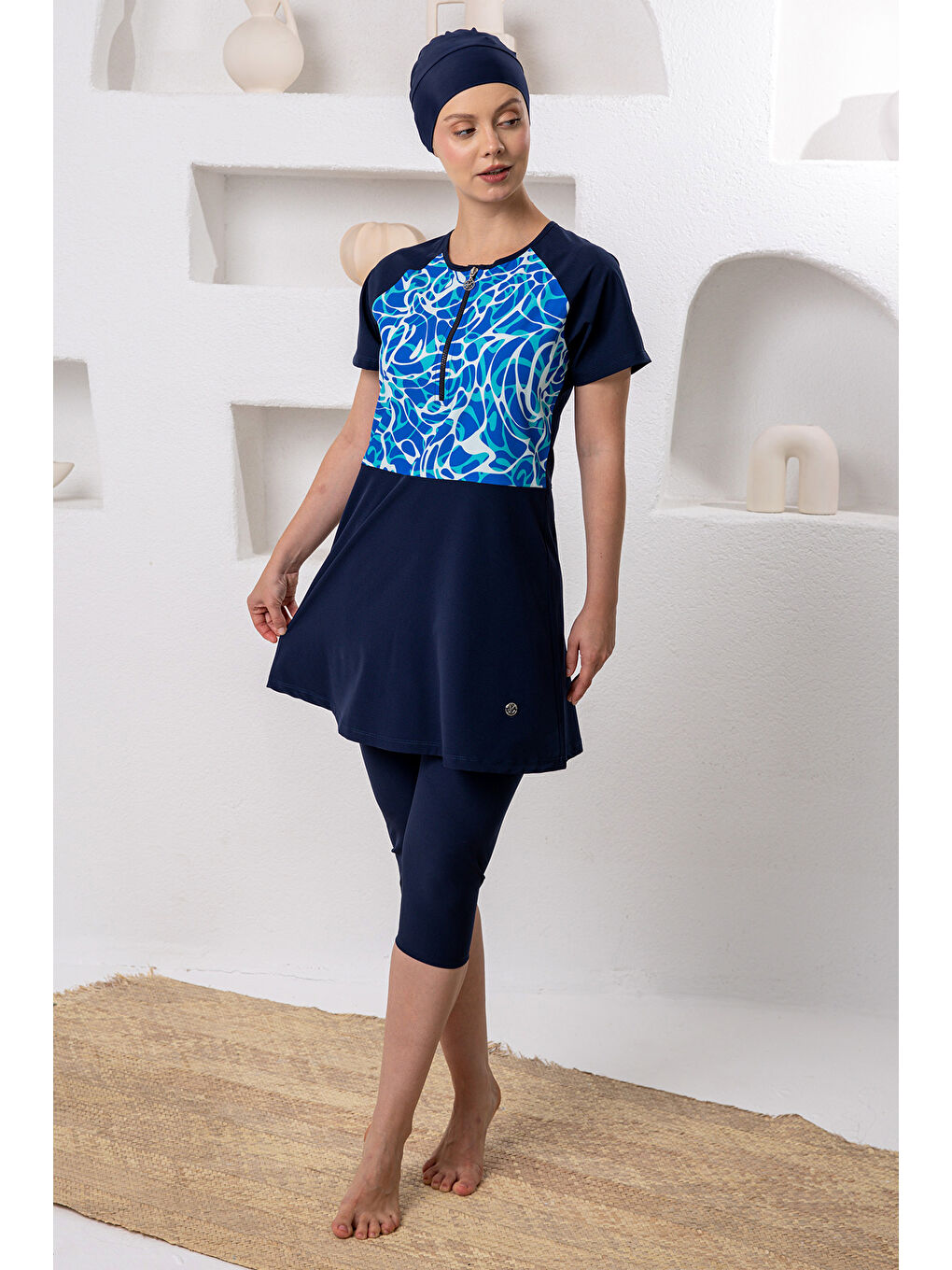 UV Korumalı Spor Elastan Kısa Kol Yarı Kapalı Tesettür Mayo 1608 Koyu Lacivert-1