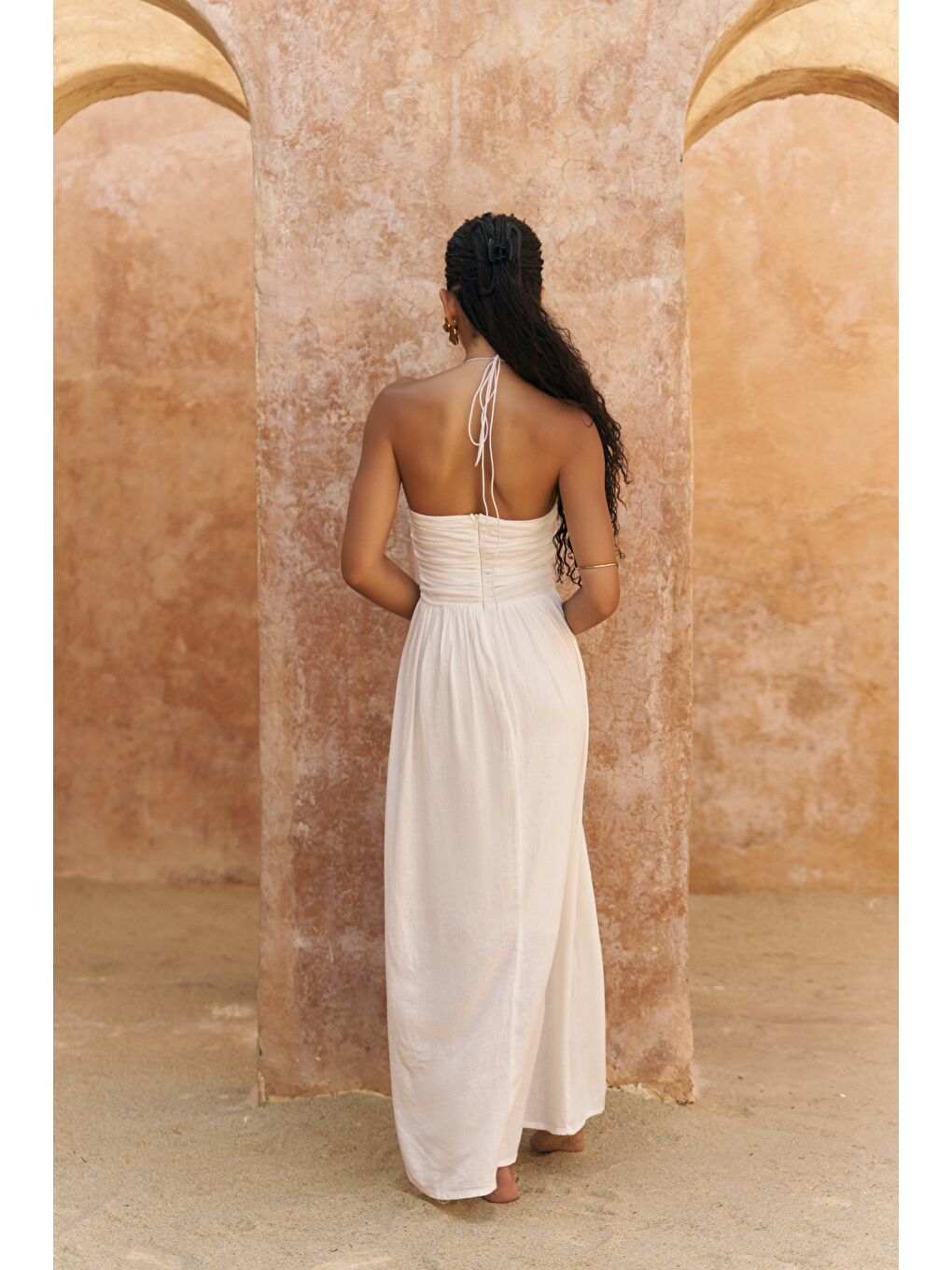 Burnika Boncuk Detay Ekru Keten Elbise-4