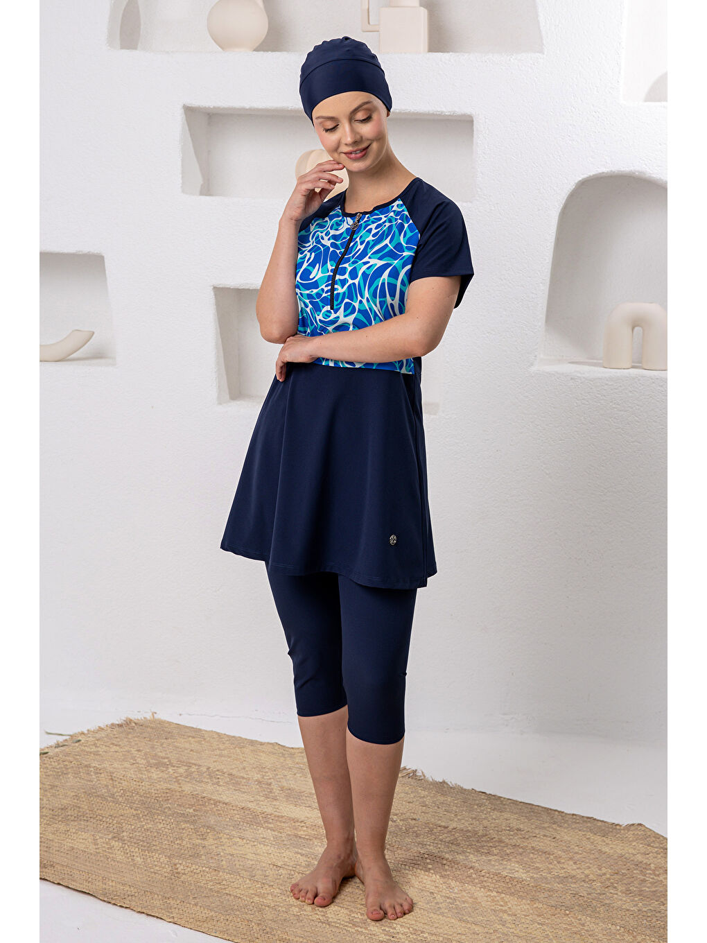 UV Korumalı Spor Elastan Kısa Kol Yarı Kapalı Tesettür Mayo 1608 Koyu Lacivert-2