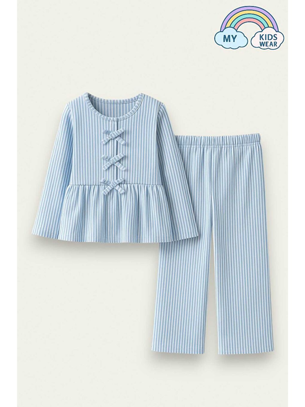 Mavi Kız Çocuk Çizgili Fırfırlı Pijama Takımı 5-16 Yaş 12049