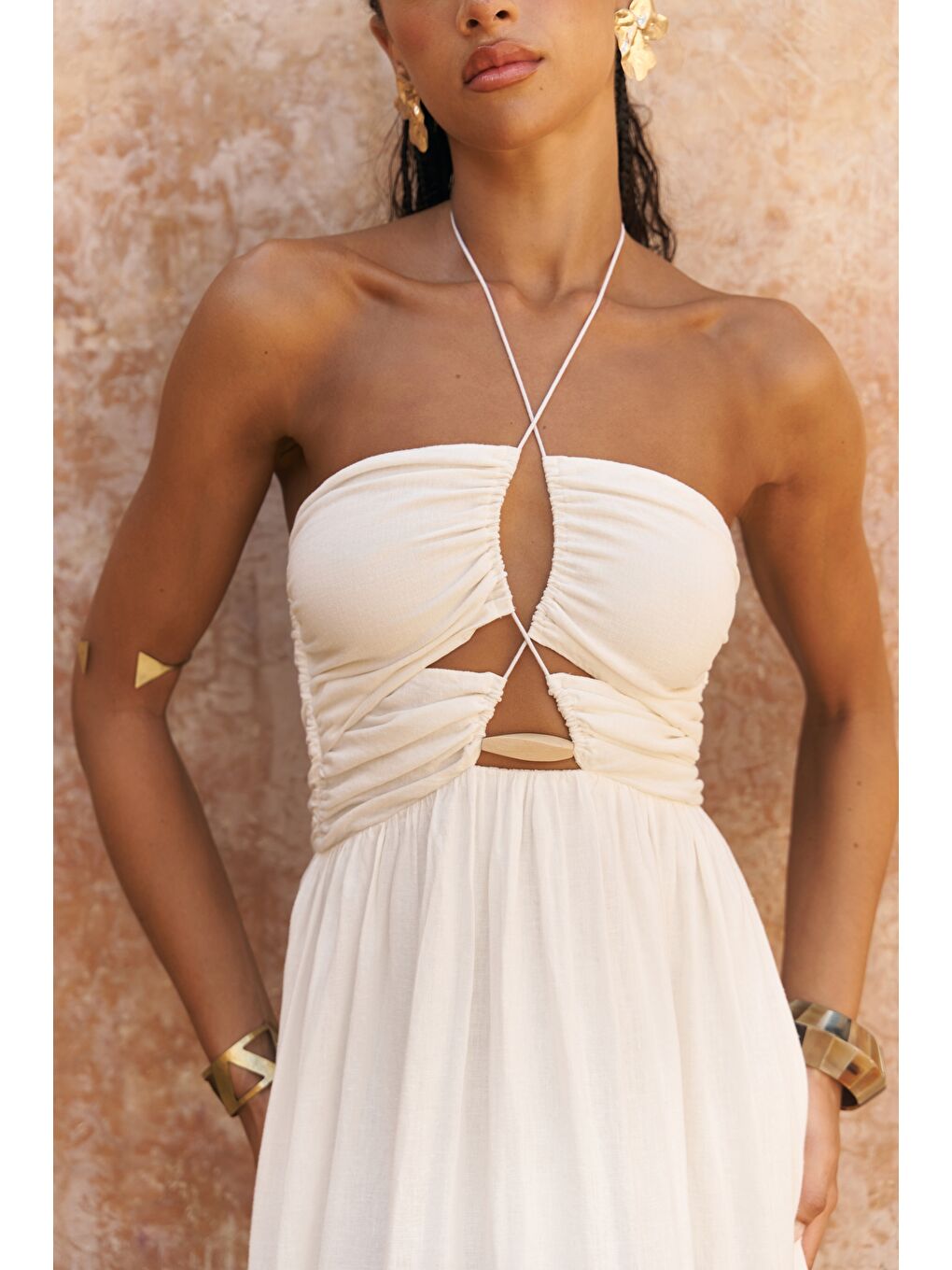 Burnika Boncuk Detay Ekru Keten Elbise-7