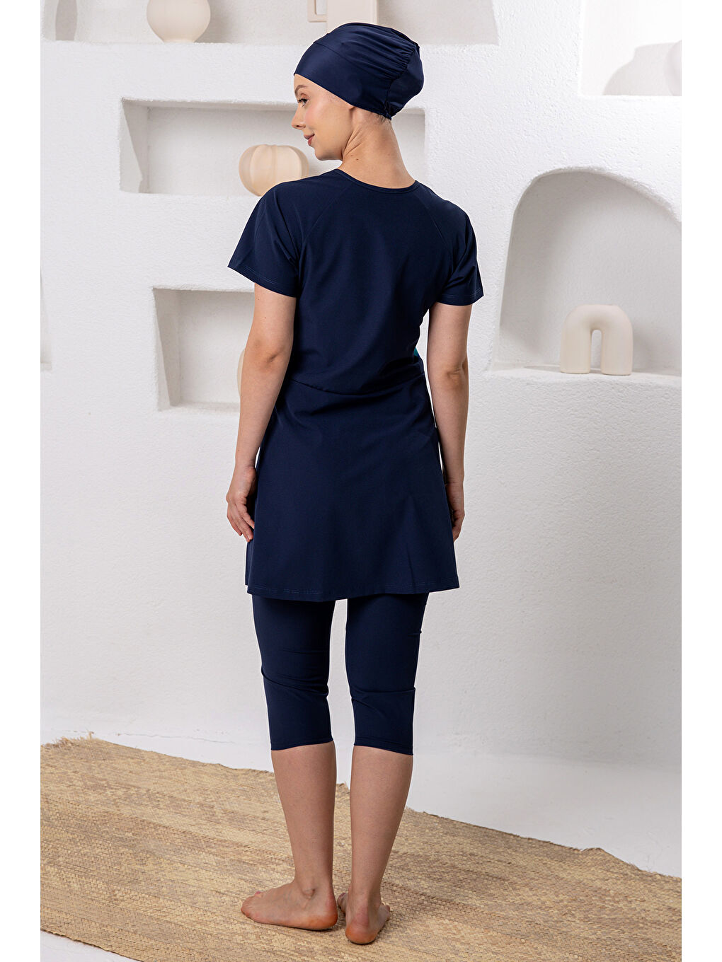 UV Korumalı Spor Elastan Kısa Kol Yarı Kapalı Tesettür Mayo 1608 Koyu Lacivert-3