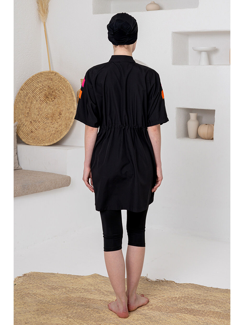 UV Korumalı Kısa Kollu Taytlı Paraşüt Kumaş Yarı Kapalı Mayo 1615 Siyah01-3