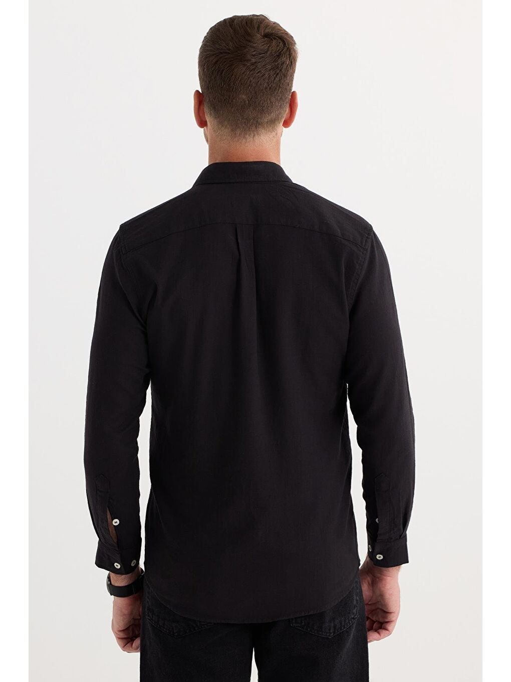 Erkek Regular Fit Klasik Kesim %100 Pamuk Keten Doku Tek Cepli Siyah Gömlek-6