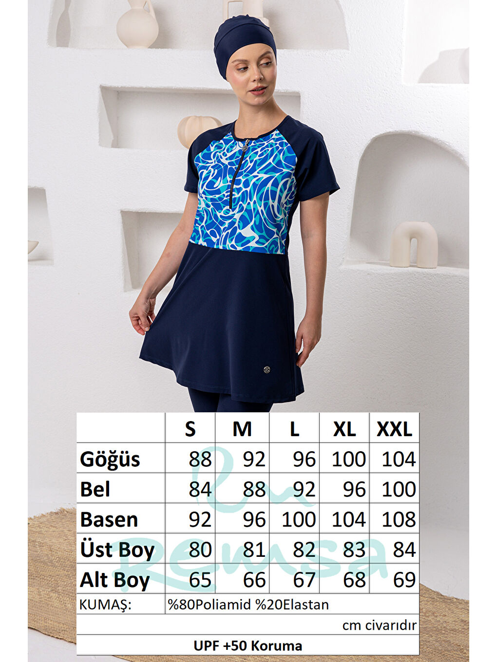 UV Korumalı Spor Elastan Kısa Kol Yarı Kapalı Tesettür Mayo 1608 Koyu Lacivert-4