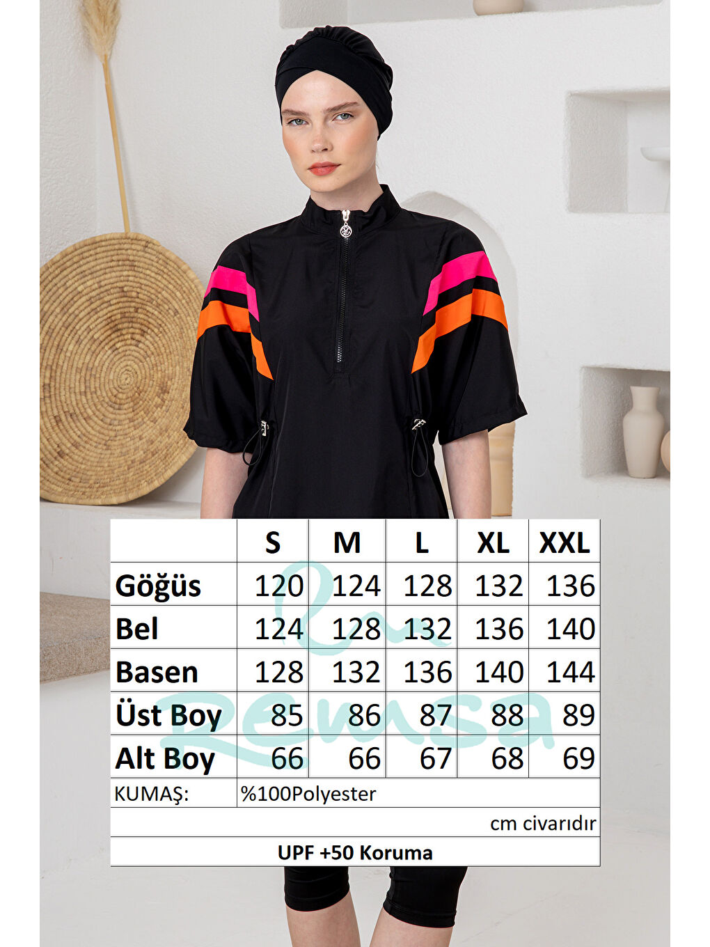 UV Korumalı Kısa Kollu Taytlı Paraşüt Kumaş Yarı Kapalı Mayo 1615 Siyah01-4