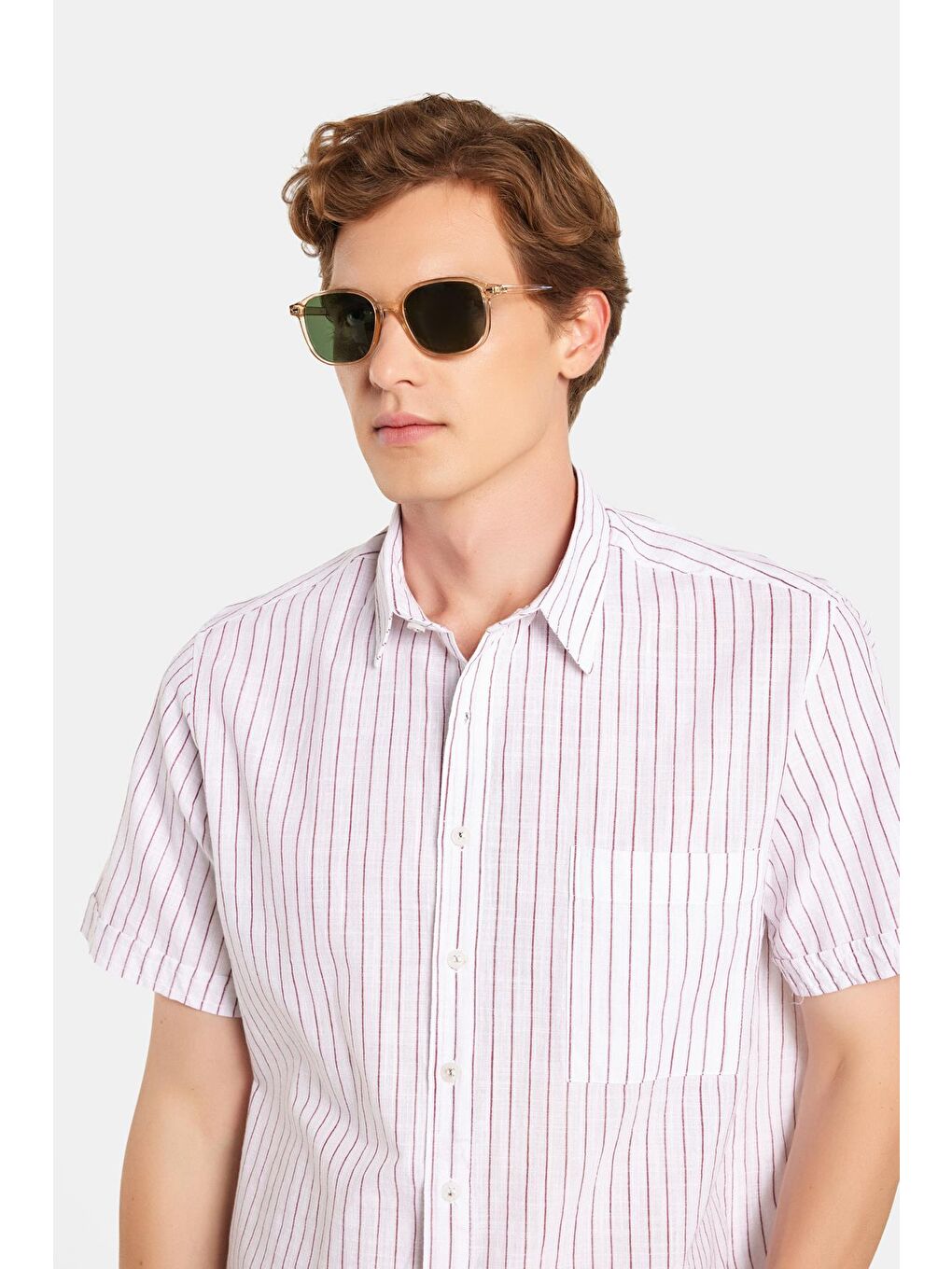 Bordo Erkek Regular Fit Klasik Kesim %100 Pamuk Kısa Kollu Keten Doku Tek Cep Çizgili Gömlek-1