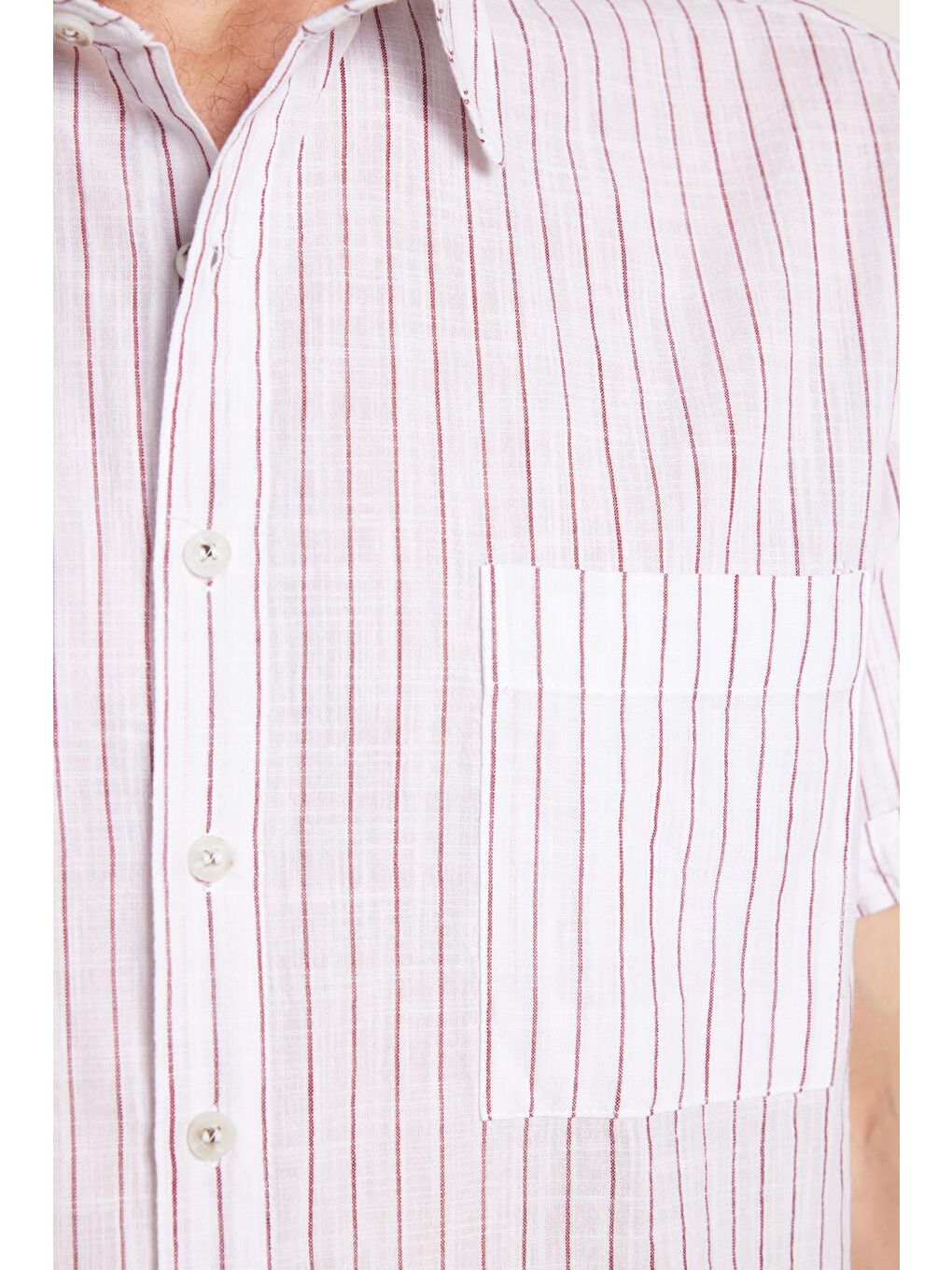 Bordo Erkek Regular Fit Klasik Kesim %100 Pamuk Kısa Kollu Keten Doku Tek Cep Çizgili Gömlek-2