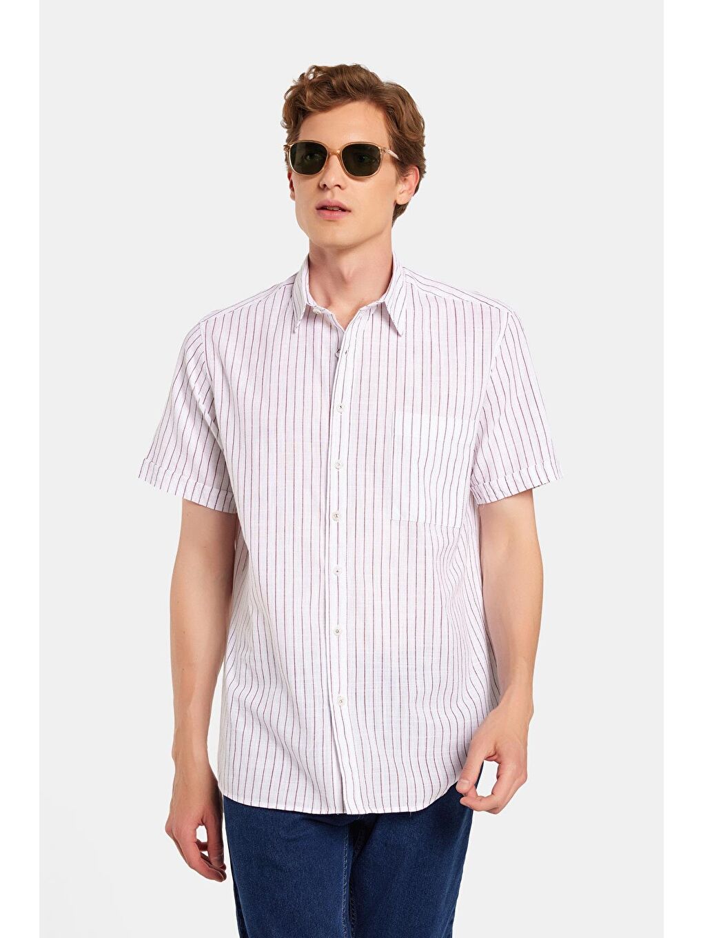 Bordo Erkek Regular Fit Klasik Kesim %100 Pamuk Kısa Kollu Keten Doku Tek Cep Çizgili Gömlek-3