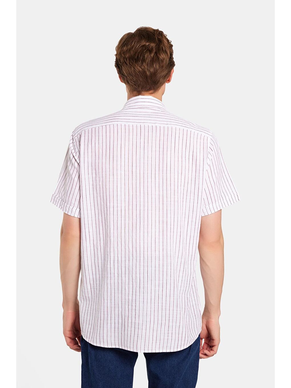 Bordo Erkek Regular Fit Klasik Kesim %100 Pamuk Kısa Kollu Keten Doku Tek Cep Çizgili Gömlek-4