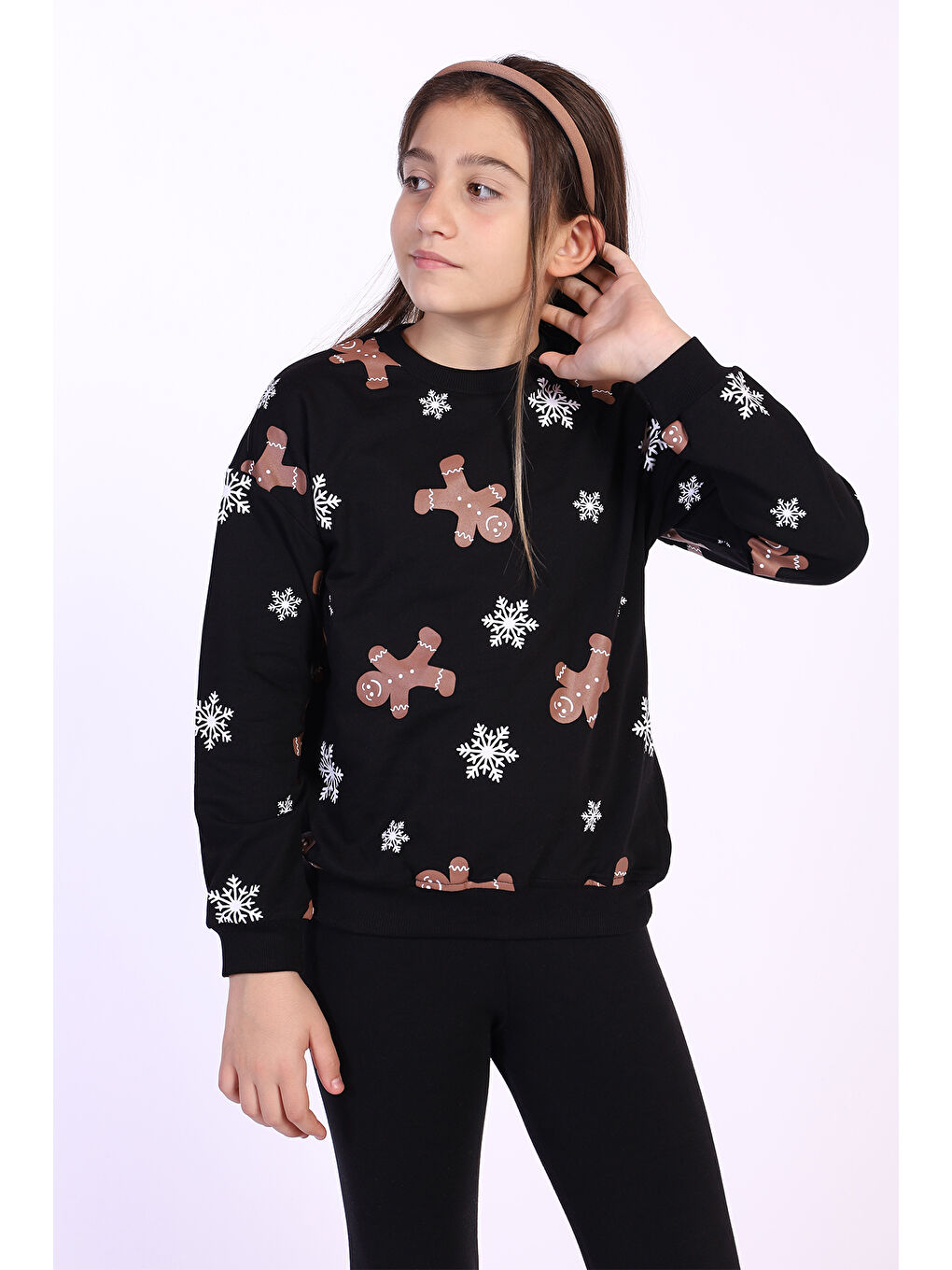 Toontoykids Siyah Kız Çocuk Kar Taneli Kurabiye Baskılı Sweatshirt