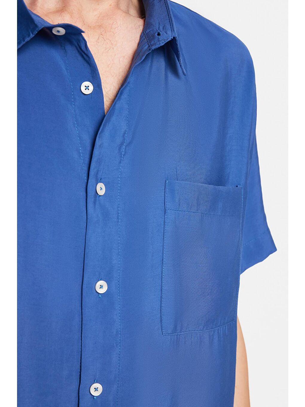 Erkek Relax Fit Rahat Kullanım Modal Kumaş Tek Cepli Kısa Kollu Saks Mavi Gömlek-2