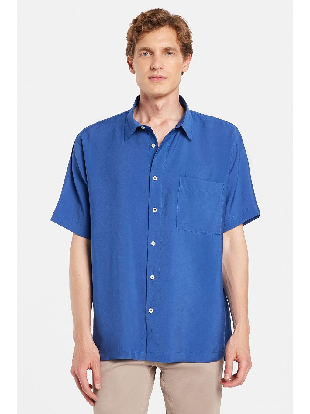 Erkek Relax Fit Rahat Kullanım Modal Kumaş Tek Cepli Kısa Kollu Saks Mavi Gömlek-3