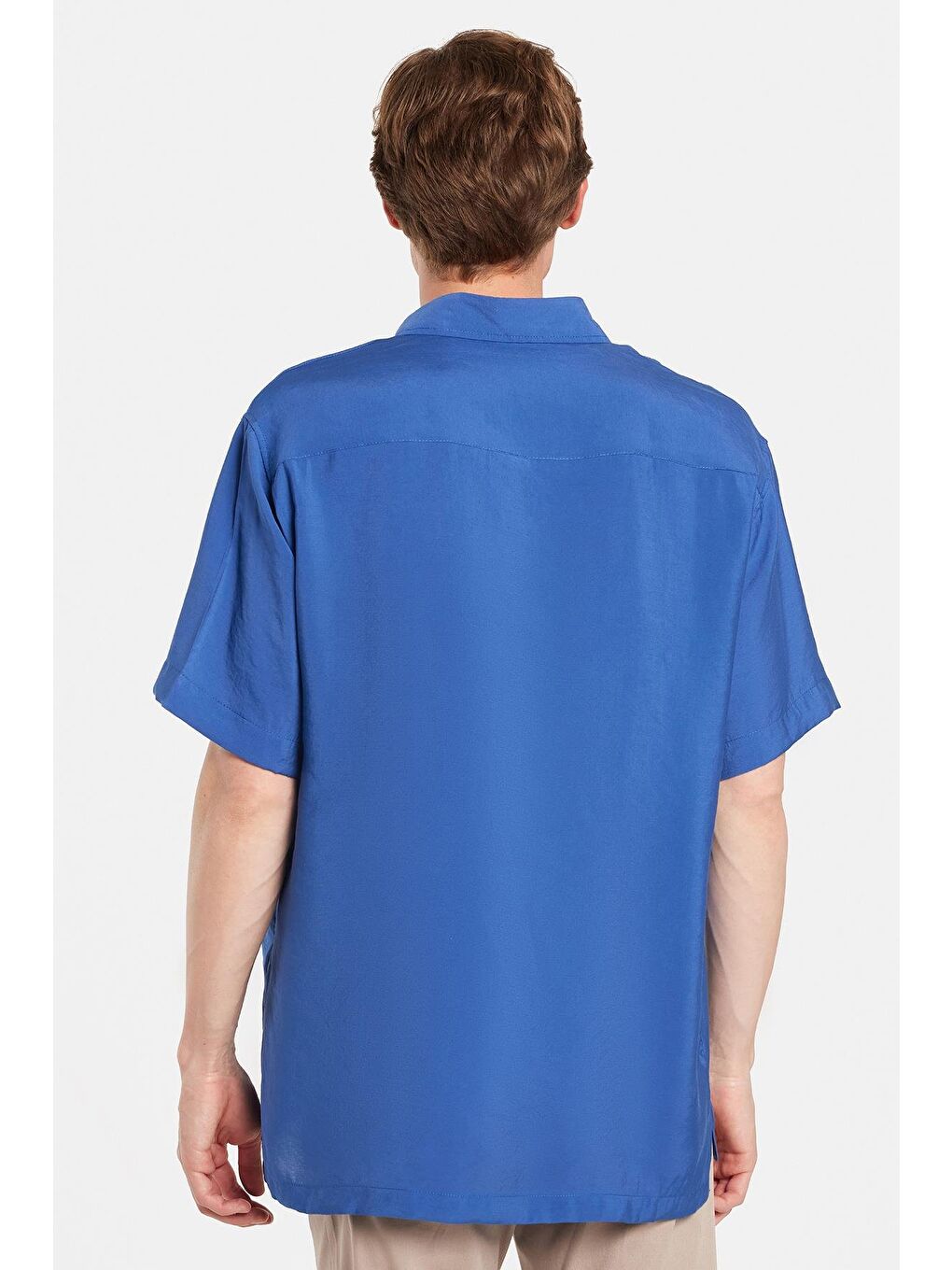 Erkek Relax Fit Rahat Kullanım Modal Kumaş Tek Cepli Kısa Kollu Saks Mavi Gömlek-4