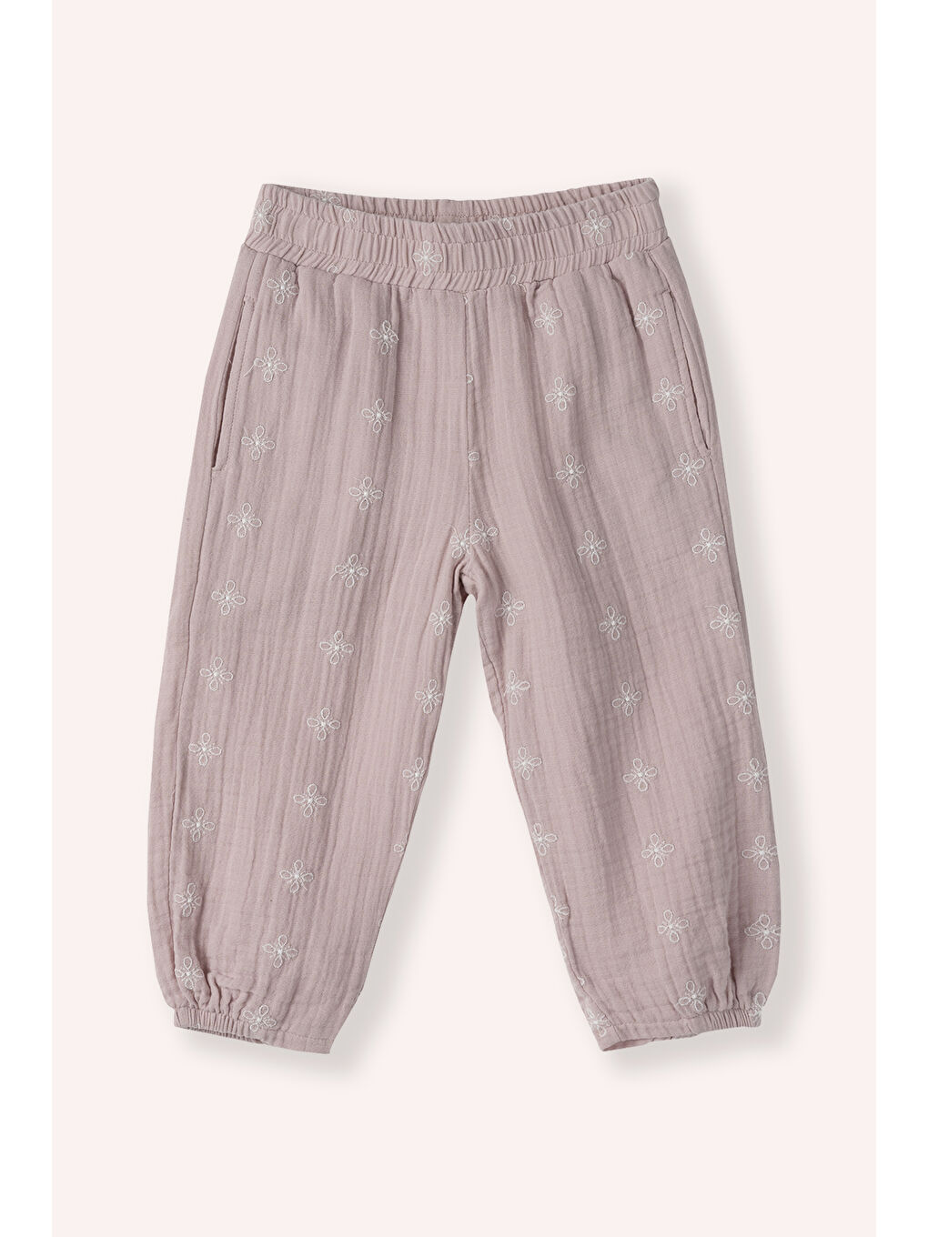 Pembe Kız Çocuk Baskılı Müslin Pantolon Bej