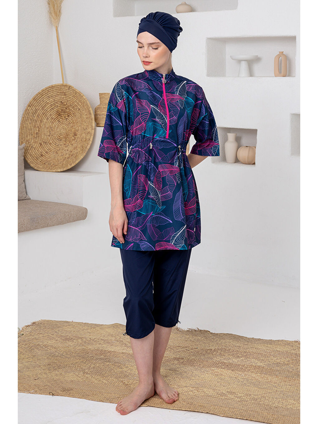 UV Korumalı Truvakar Kollu Paraşüt Yarı Kapalı Mayo 1614 Koyu Lacivert01-1