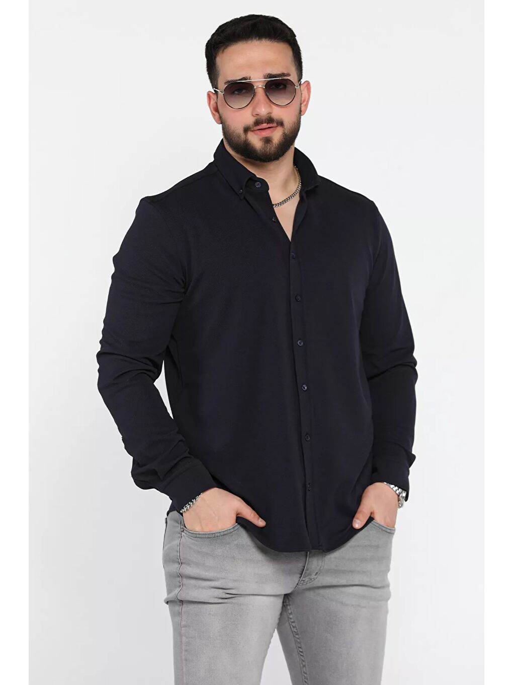 Lacivert Uzun Kol Erkek Gömlek-1