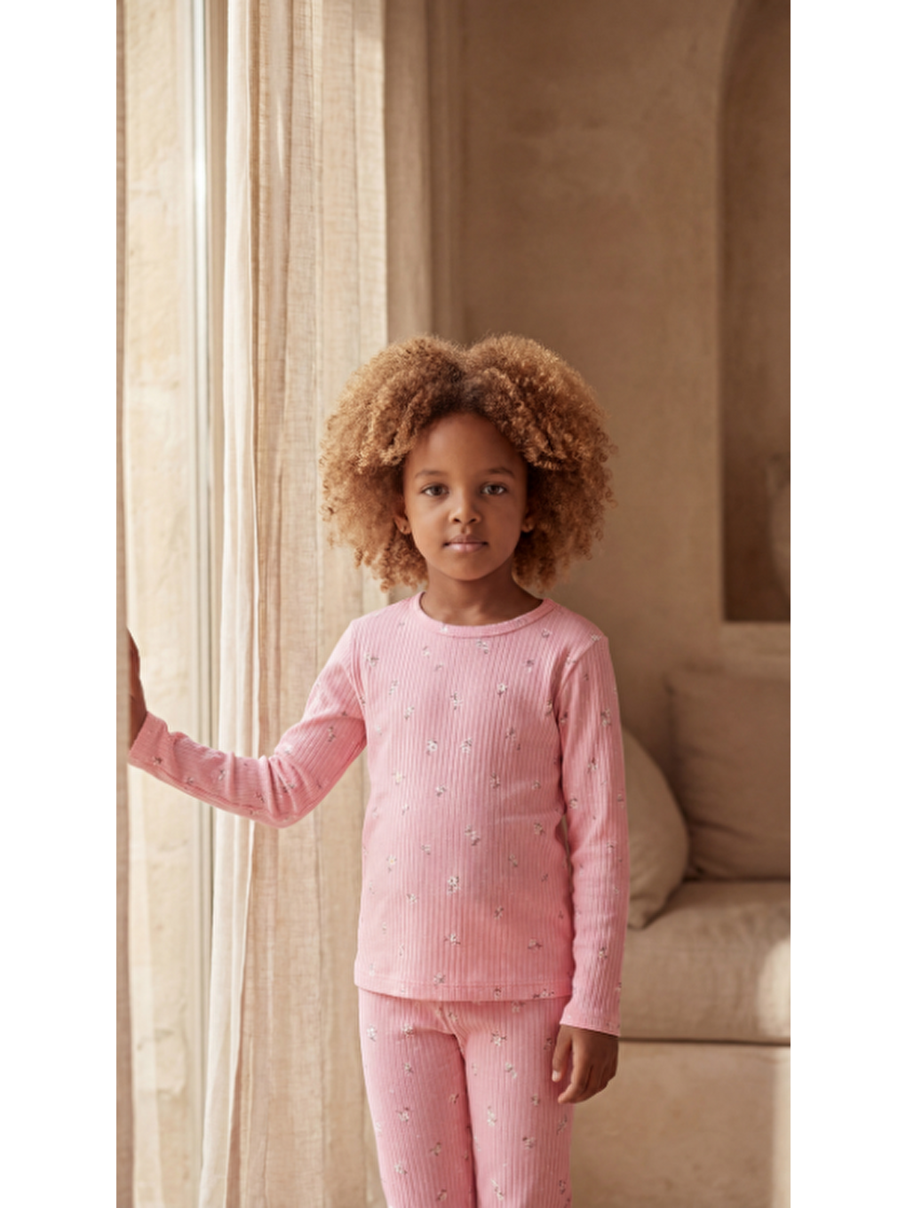 Kız Çocuk Çiçek Desenli Pijama Takımı Koyu Pembe-1