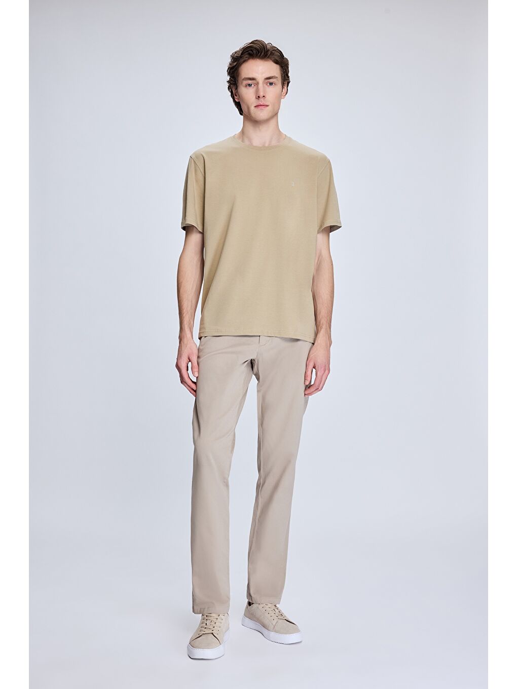 Bej Regular Fit Bisiklet Yaka Pamuklu Triko Tişört-1