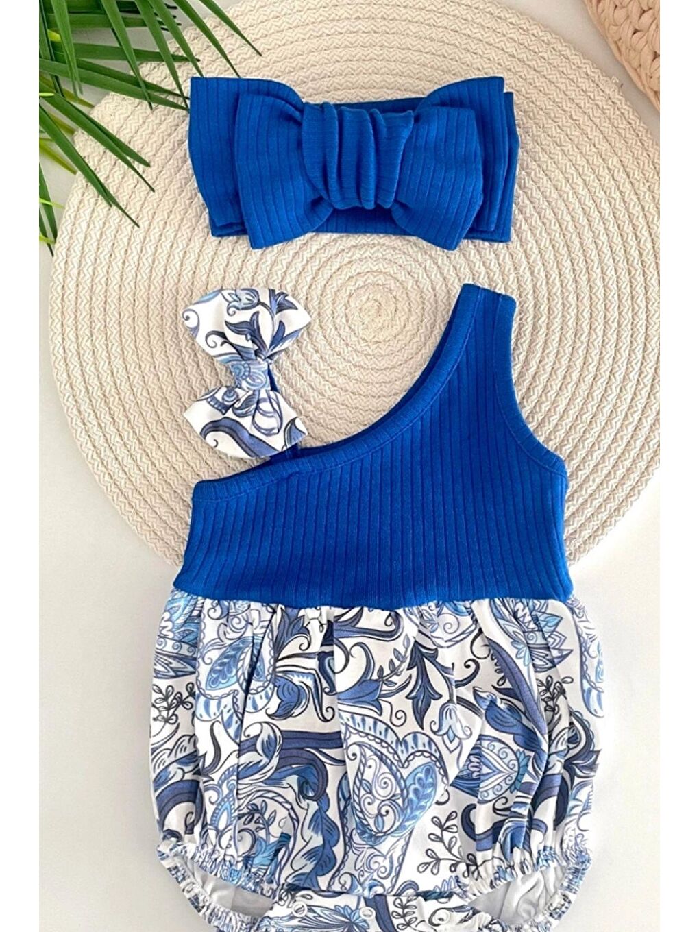 Mavi Kız Bebek Kokina Çiçeği Tek Omuz Romper Tulum-1