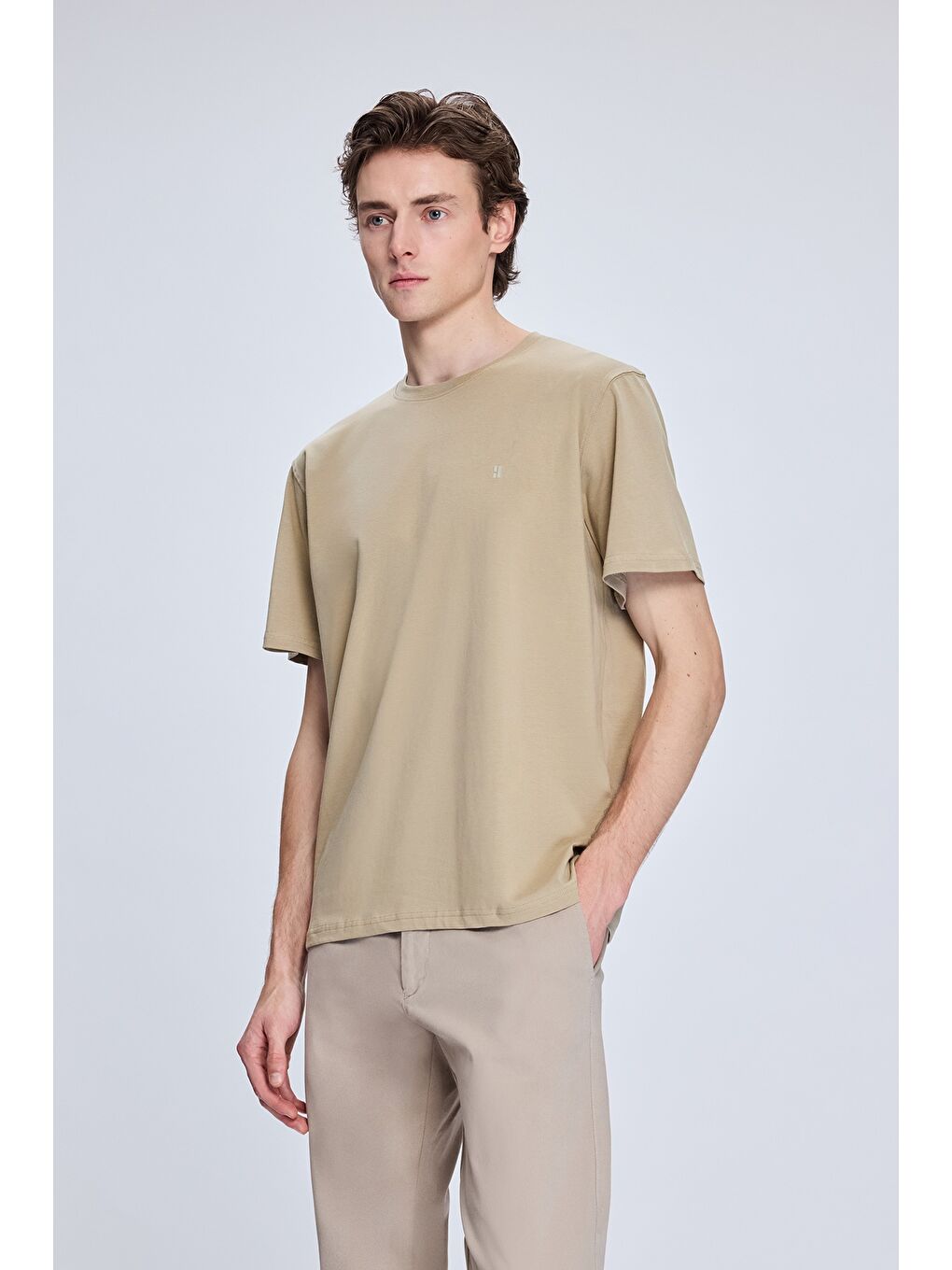 Bej Regular Fit Bisiklet Yaka Pamuklu Triko Tişört-2