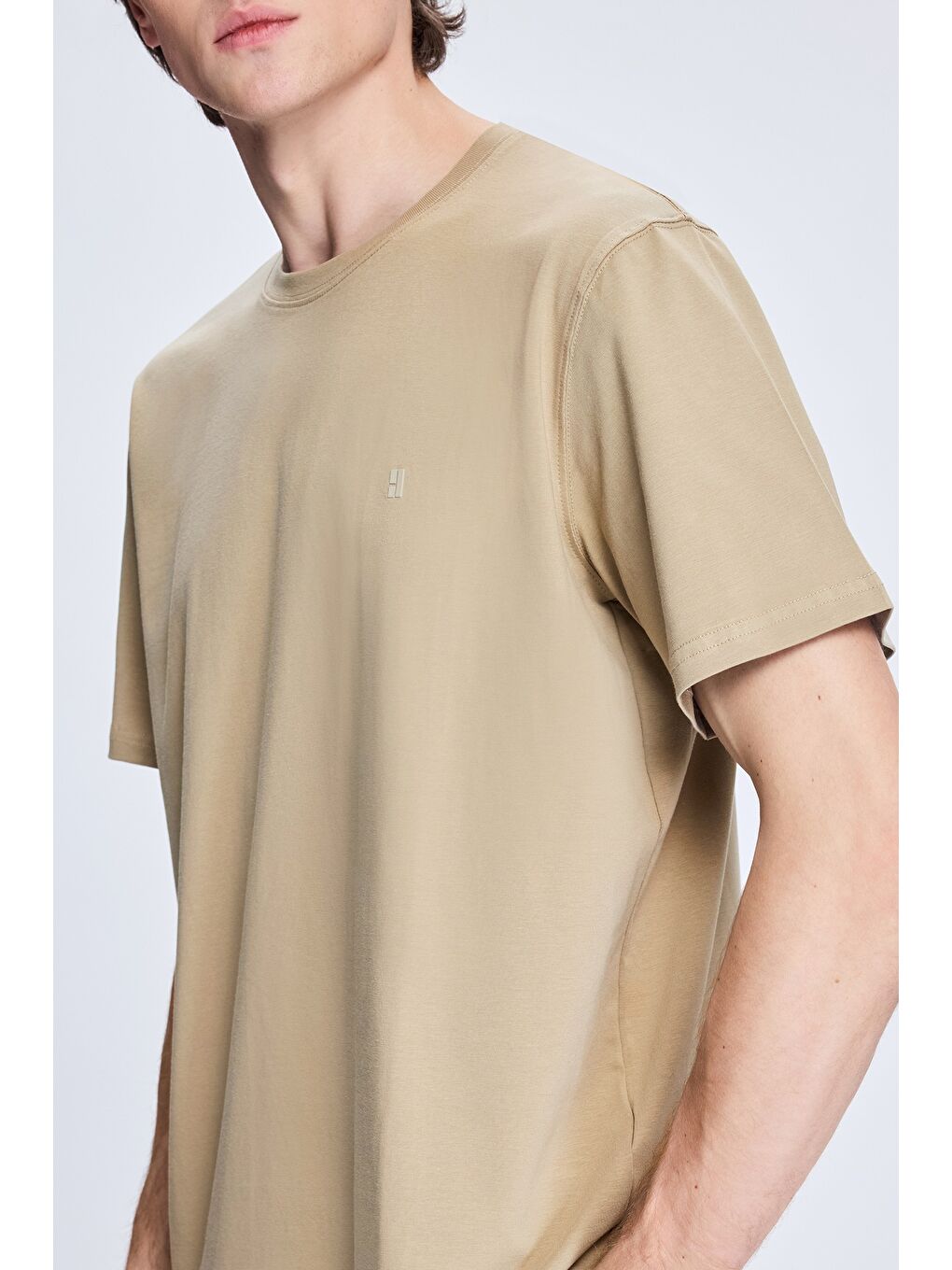 Bej Regular Fit Bisiklet Yaka Pamuklu Triko Tişört-3