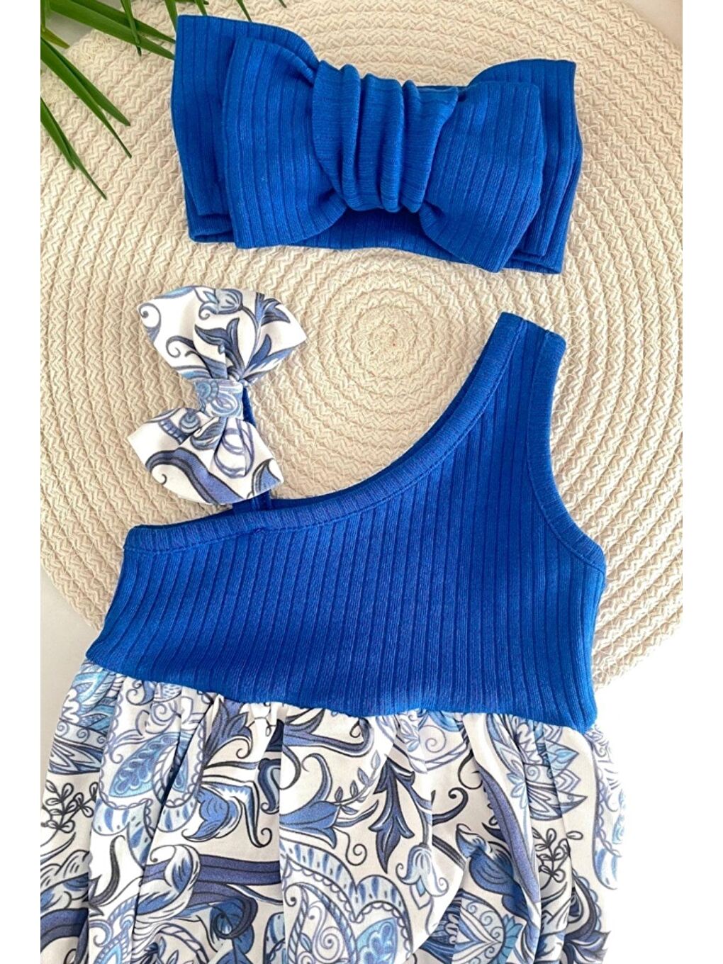 Mavi Kız Bebek Kokina Çiçeği Tek Omuz Romper Tulum-3