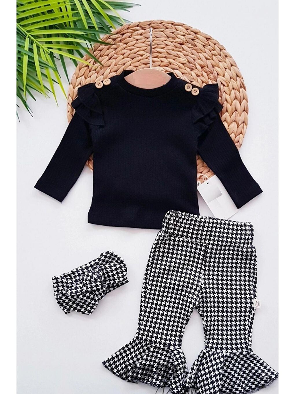 Siyah Kız Bebek Kazayağı Desenli Bandanalı 3'Lü Takım