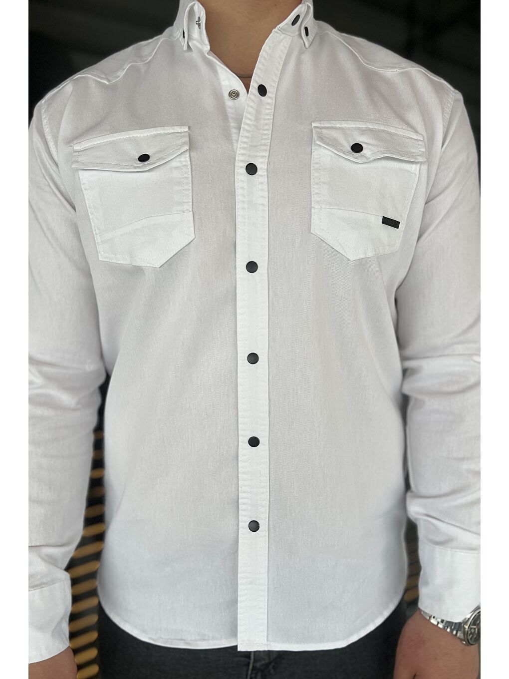 Beyaz Erkek Cepli Çıtçıtlı Uzun Kol Gömlek-2