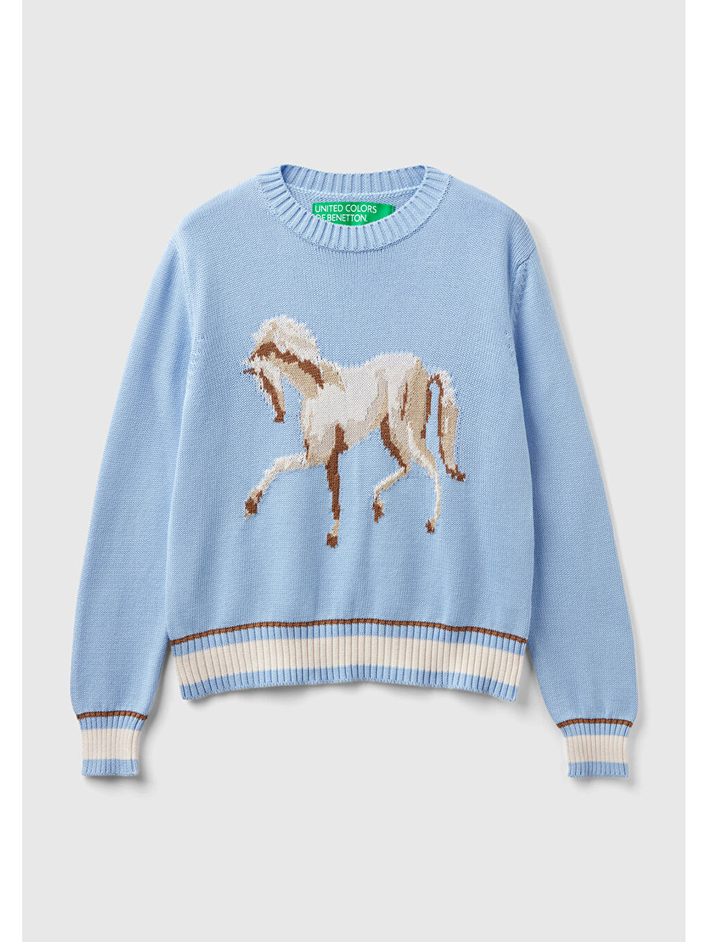 Kadın Açık Mavi %100 Pamuk Kontrast At Baskılı Bisiklet Yaka Kazak-1