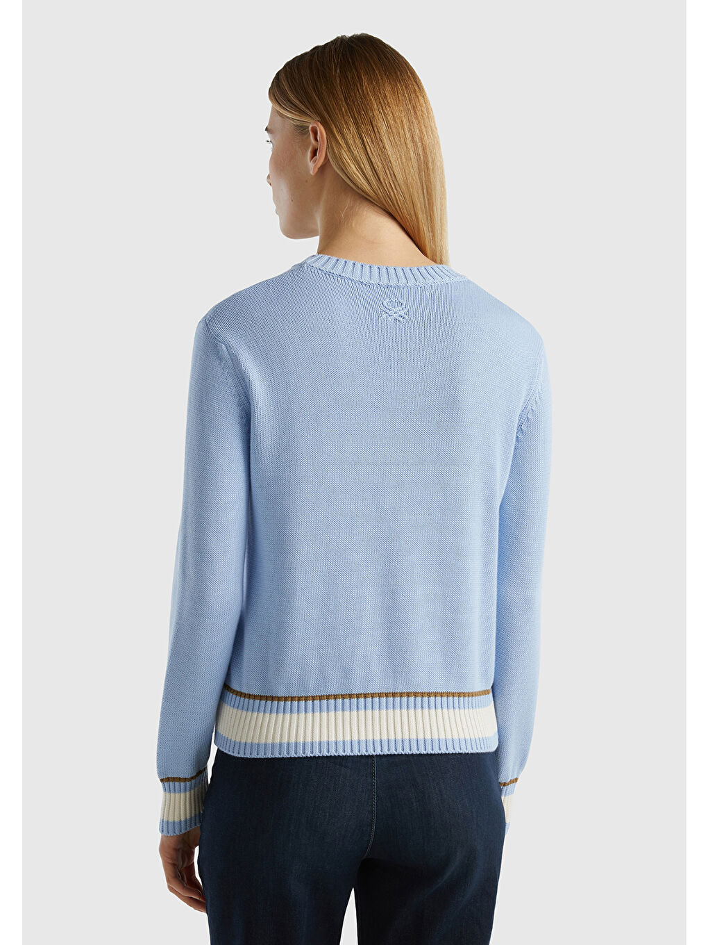 Kadın Açık Mavi %100 Pamuk Kontrast At Baskılı Bisiklet Yaka Kazak-2