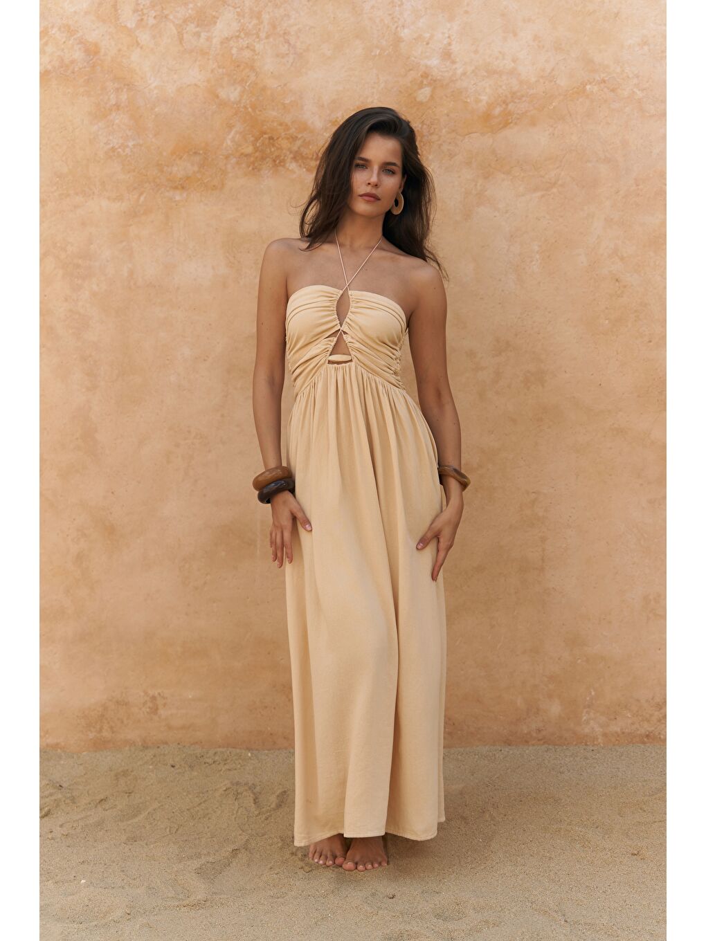 Burnika Boncuk Detay Sarı Keten Elbise-1