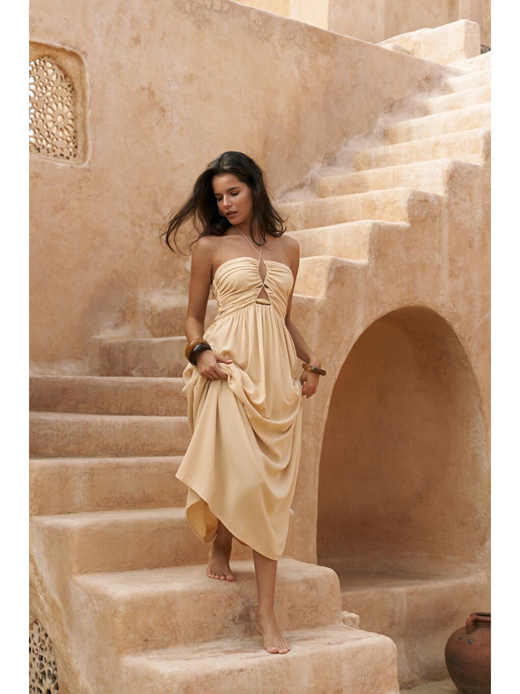 Burnika Boncuk Detay Sarı Keten Elbise-2