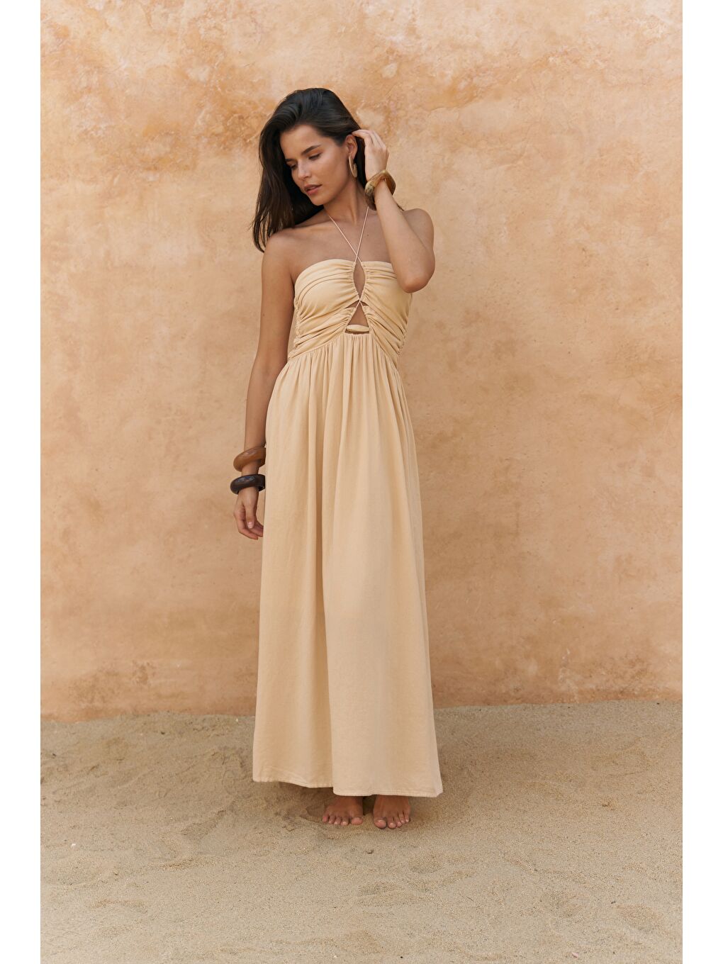 Burnika Boncuk Detay Sarı Keten Elbise-3