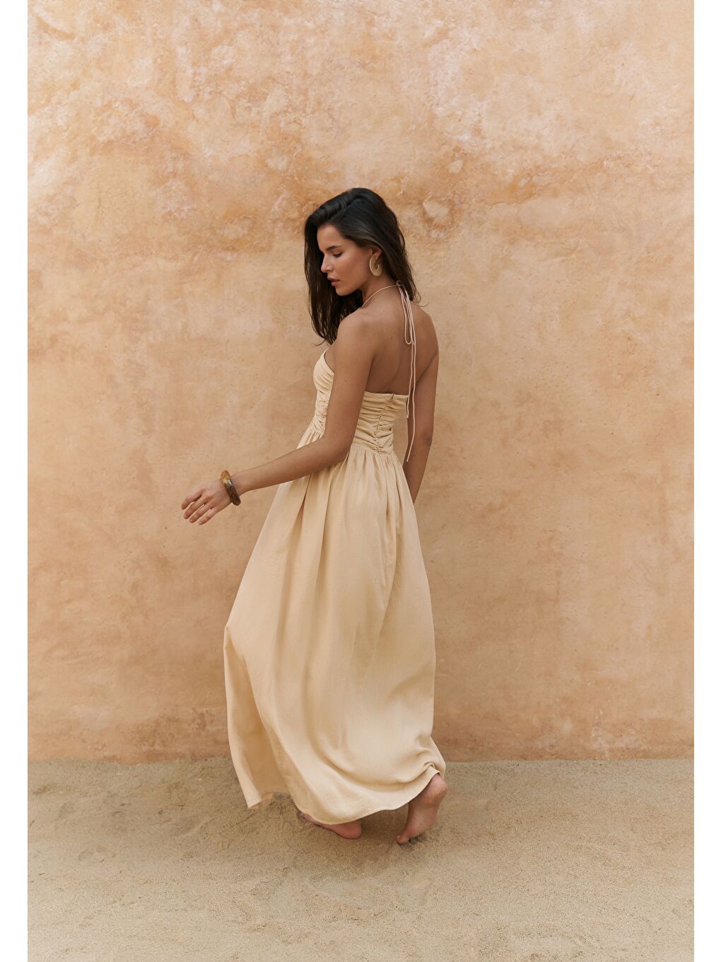 Burnika Boncuk Detay Sarı Keten Elbise-4