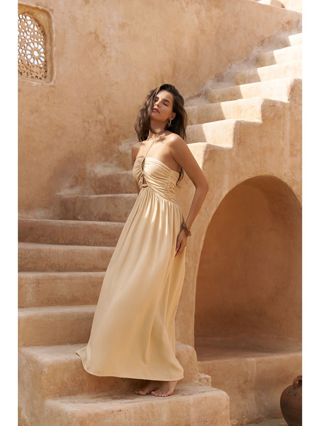 Burnika Boncuk Detay Sarı Keten Elbise-5